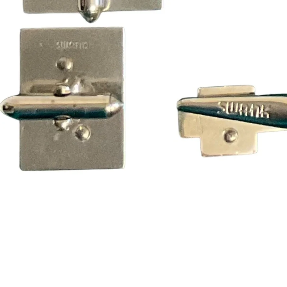 Vintage Swank Initial T Men's Cufflinks Tie Clip Set Silver Tone Black Enamel